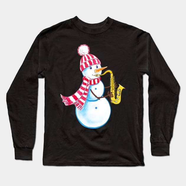 Saxophone Snowman Funny Musical Instrument Long Sleeve T-Shirt by TeeSky